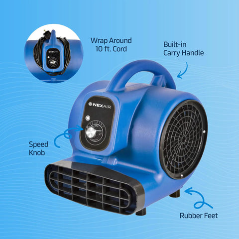 High-Velocity 1/4 HP Industrial Carpet Dryer With 3 Speed Air Mover featuring handle, rubber feet, and speed knob