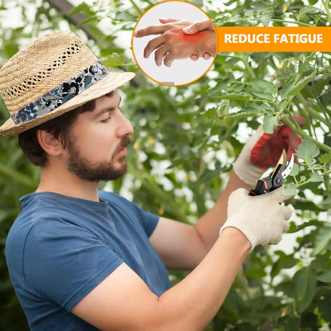 Gardener using Workhorse Ultra Sharp 8.5 Inch Bypass Pruning Shears For Garden Use With Titanium Coated SK5 Steel Heavy Duty Pruners Clipping