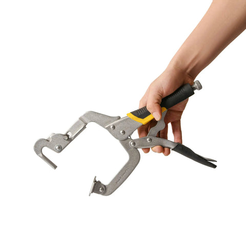 Person holding a 13 Inch Right Angle Corner Clamp With Dual Pins For Thin And Thick Wood, Adjustable Turn Knob, One Piece Construction.