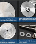 6-piece HSS drill saw blades set for Dremel rotary tool with 1/8 in and 1/4 in shanks; includes mandrel, washers, bolt.