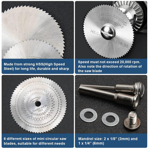 6-piece HSS drill saw blades set for Dremel rotary tool with 1/8 in and 1/4 in shanks; includes mandrel, washers, bolt.