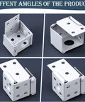 Different angles of the Six Piece 1 Inch White Blind Bracket Set For Box Mounting, Low Profile Headrail Brackets.