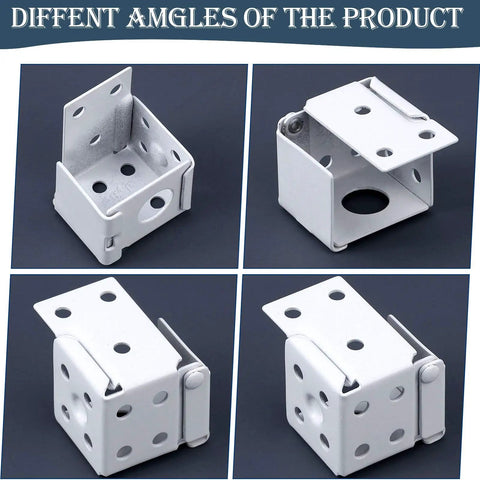 Different angles of the Six Piece 1 Inch White Blind Bracket Set For Box Mounting, Low Profile Headrail Brackets.