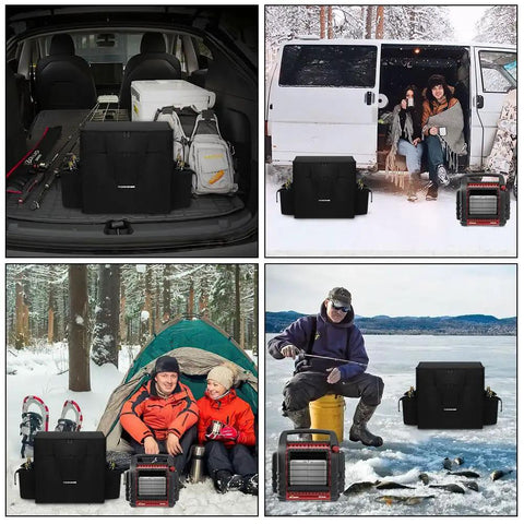 Big Buddy Propane Heater Carry Bag with water resistant shell used for transport in outdoor camping and adventure settings.