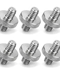 Six Pack 1/4 Inch Male To Male Threaded Adapter Screw Extender for Camera Cage, silver aluminum with knurling, six pieces.