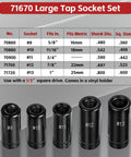 5-Piece Tap Socket Set for Large Taps 5/8 In to 1 In, includes fits size chart and socket display, heavy-duty use.
