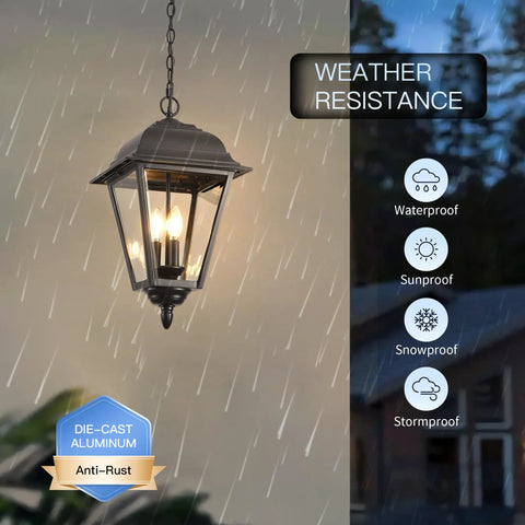 Large Outdoor Pendant Light With Two Lights, 13 Inch Tall Modern Black Exterior Hanging Fixture With Clear Glass, Weatherproof IP65 Rated, Anti Rust Outdoor Ceiling Mount Chandelier For Porch Farmhouse Entryway