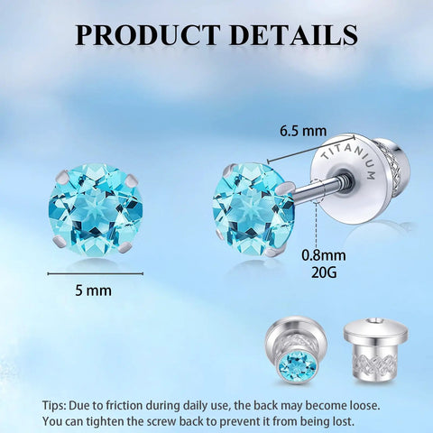 Skip The Itch With These Implant Grade G23 Titanium Screw Back Earrings featuring a 5mm Aqua CZ and 20G gauge design.
