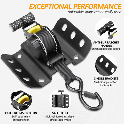 Ford F150 2015-2025 2 Pack Retractable Tie Down Straps with anti-slip ratchet handle and 3-hole brackets, black