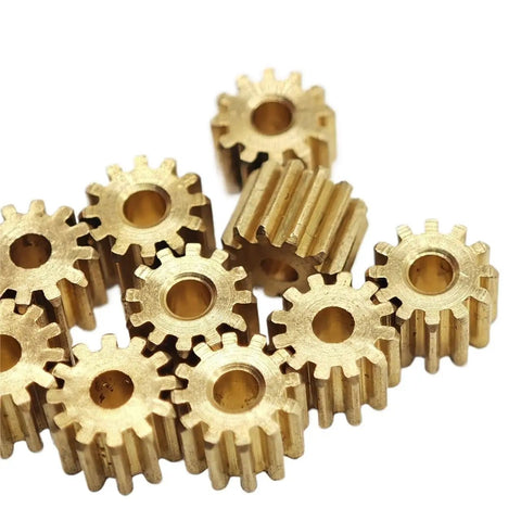 Five Pack 0.4 Module Brass Spur Gears Set, 4mm Thick, Straight Cut, 11T 12T 13T 14T Teeth, Tight Fit Bores 1.5mm, 1.98mm, 2mm, Easy Install For RC Cars, Drones, And Robotics Projects, brass spur gears