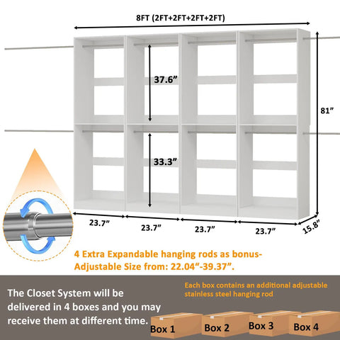 Big Time Modular Closet System With Hella Roomy Hanging Space And Solid Wood Build For Custom Walk In Setup showing dimensions and expandable rods.