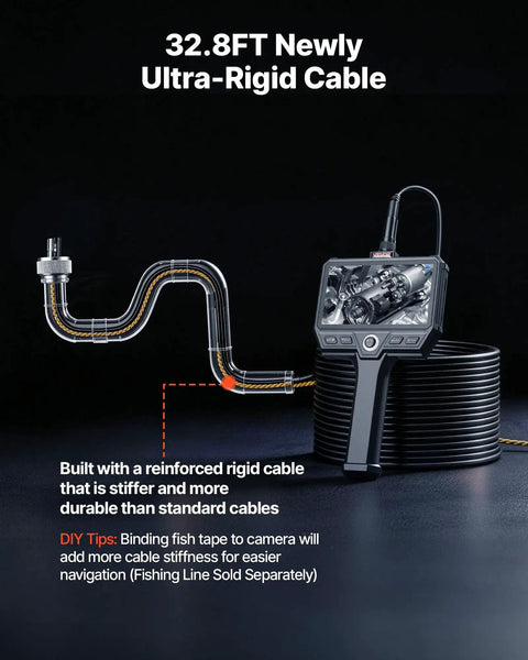 Triple Lens Endoscope With Ultra Rigid Thirty Two Point Eight Feet Cable Industrial Borescope With Light Five Inch IPS Screen IP67 Waterproof LED Lights Eight X Zoom Pro Grade Build Snake Camera For Auto And Plumbing, 32.8ft rigid cable