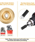Diagram showing fittings for Ultimate Wood Carving Kit For Angle Grinder 14 Piece Set, including 5/8" arbor wheel and rotary tool shank.