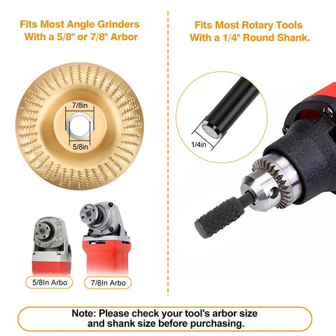 Diagram showing fittings for Ultimate Wood Carving Kit For Angle Grinder 14 Piece Set, including 5/8" arbor wheel and rotary tool shank.