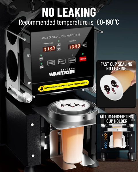Close-up of Fully Automatic Cup Sealing Machine 90 To 95mm Electric Sealer With Digital LCD Control Panel, black, sealing a cup