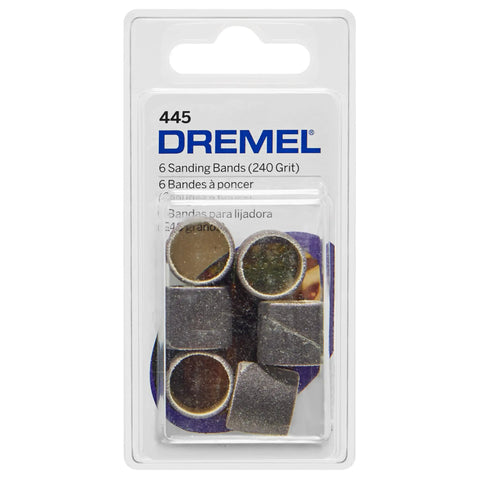 1/2 Inch 240 Grit Sanding Bands For Rotary Tools Six Pack in clear packaging, suitable for shaping wood and metal surfaces.