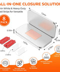 8 Pack Magnetic Cabinet Door Catch Set with 15 Lb Hold shown with dimensions and features like adhesive and weather resistance.
