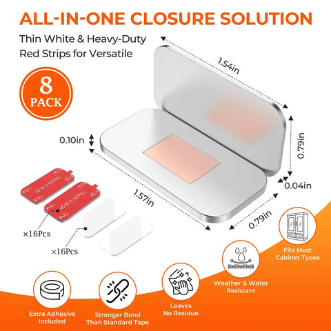 8 Pack Magnetic Cabinet Door Catch Set with 15 Lb Hold shown with dimensions and features like adhesive and weather resistance.