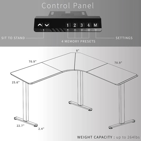 Control panel of VIVO Corner Standing Desk In Dark Walnut L Shaped Electric Height Adjustable Workstation with memory presets.