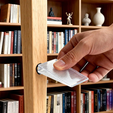 Person using Heavy Duty Clear Plastic Shims And Leveling Wedges For Wobbly Toilets Furniture And Appliances Trim To Fit, stabilizing furniture.