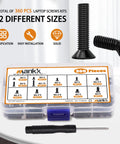 360 Piece Laptop Screws Kit With 12 Sizes M2 M2.5 M3 Replacement Tiny Screws For Motherboard And Laptop Repair DIY Includes Screwdriver Ideal For Tech Builders And PC Enthusiasts showcasing screw assortment box and tools.