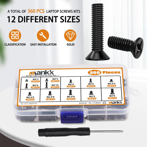 360 Piece Laptop Screws Kit With 12 Sizes M2 M2.5 M3 Replacement Tiny Screws For Motherboard And Laptop Repair DIY Includes Screwdriver Ideal For Tech Builders And PC Enthusiasts showcasing screw assortment box and tools.