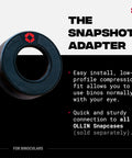 Magnetic Bino Adapter For Smartphone Digiscoping With Snapcase Compatibility shown with product features and Snapcase readiness.