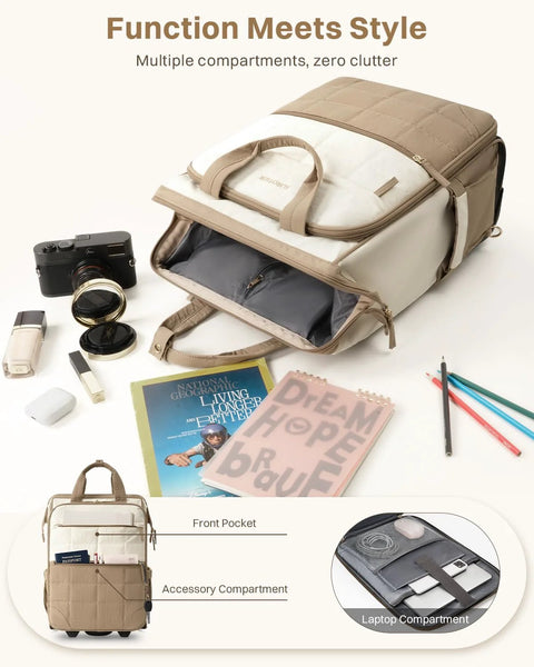 Beige rolling wheeled backpack with top handle; front pocket open showing interior compartments