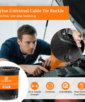 Heavy Duty Nylon Universal Zip Tie Buckles For Cars being used in engine bay installation, 150 piece pack, black color.