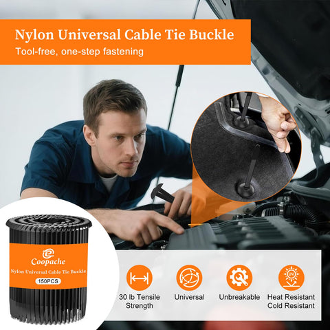 Heavy Duty Nylon Universal Zip Tie Buckles For Cars being used in engine bay installation, 150 piece pack, black color.
