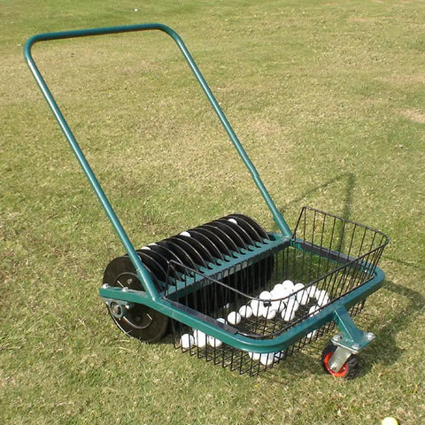No Bending Golf Ball Collector with 13 Channel Loader and 600 Ball Capacity on grass, lightweight design, hand-push cart.