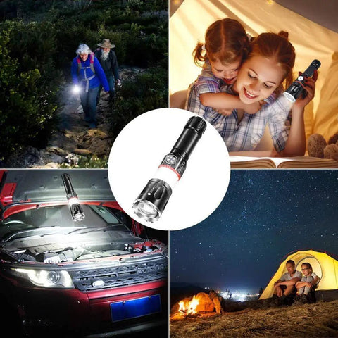 Collage showing Magnetic LED Flashlight 360 COB Beast 5000 Lumen Waterproof Zoomable 4 Modes in various outdoor uses