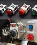 Two Pack 22mm Push Button Switch DIN Rail Mounting Bracket Adapter installed with control panels shown, 50.6mm L, 40.8mm W, 57.8mm H.
