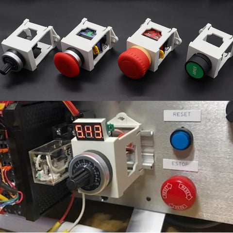 Two Pack 22mm Push Button Switch DIN Rail Mounting Bracket Adapter installed with control panels shown, 50.6mm L, 40.8mm W, 57.8mm H.