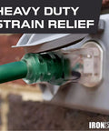 12 Gauge Outdoor Extension Cord 25 Ft in heavy-duty use, visible strain relief near socket, oil and flame resistant, lighted end