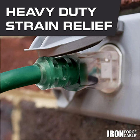 12 Gauge Outdoor Extension Cord 25 Ft in heavy-duty use, visible strain relief near socket, oil and flame resistant, lighted end