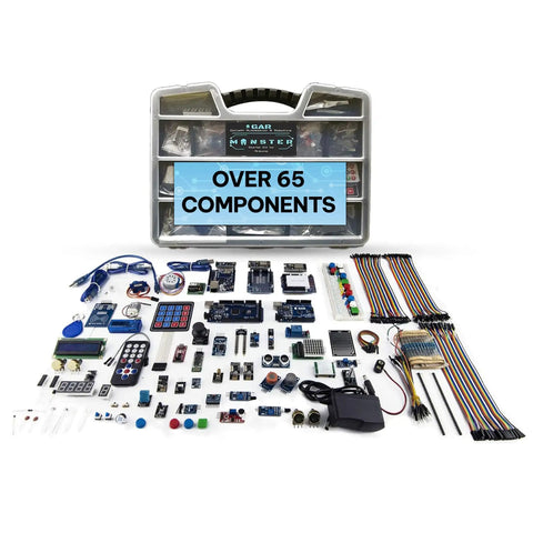 All-In-One Arduino Starter Kit For Robotics And IoT, Maker-Friendly Five-Board Power Pack with 65 components and organizer toolbox