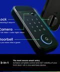 Top Shelf 3 In 1 Smart Lock With 2K Hdr Video Doorbell Camera featuring keypad, camera lens and doorbell button.
