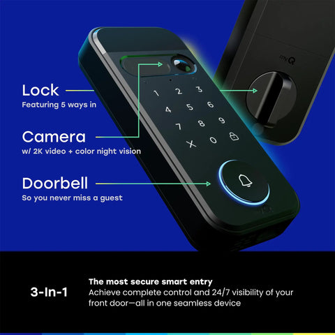 Top Shelf 3 In 1 Smart Lock With 2K Hdr Video Doorbell Camera featuring keypad, camera lens and doorbell button.