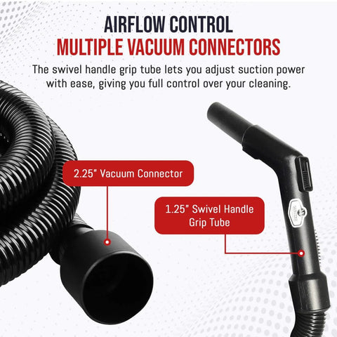 Heavy Duty 20 Foot Vacuum Hose Replacement For Shop Vac Style Wet Dry Vacuums with 1.25 in swivel handle and 2.25 in connector