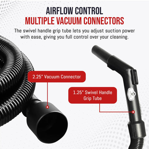 Airflow control on heavy duty vacuum hose replacement extension for wet and dry vacuums, showing 1.25 inch swivel handle grip and 2.25 inch connector in black.