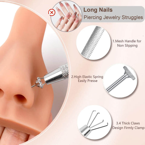 Piercing Taper Kit With Grabber Reachers And Threadless Insertion Tapers For 16G 18G 20G Jewelry showing nose tool use