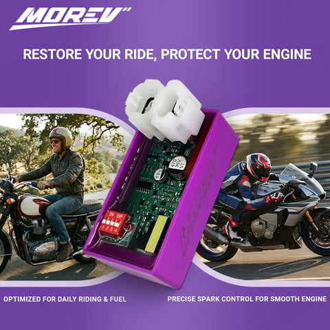 6 Pin DC CDI Ignition Module For GY6 Engines Dual Compatibility With 139QMB 157QMJ Scooters Kymco SYM Lance TaoTao Wolf Go Kart ATV DIP Switch Adjustable Spark displayed against a purple background with motorcycle images.