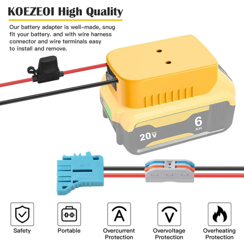 Power Wheels Battery Adapter for Dewalt 20V Battery Converter Kit with fuse switch and 12 AWG wire harness displayed