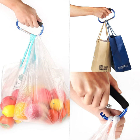 Hands using 4 Pack Large 5.5 Inch D Style Carabiner Hooks With Foam Cushioned Handles for carrying bags with ease.
