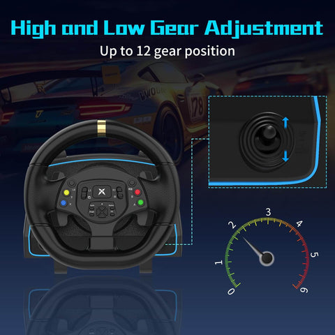 1080 Degree Magnetic Induction Racing Wheel With 6 Speed H Pattern Shifter showcasing gear adjustment feature