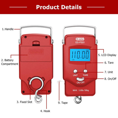 Digital Luggage Scale 110 Lb With Tape And Stainless Steel Hook Ultra Accurate For Travel And Fishing A Super Handy Weighing Tool For Baggage Or Gear Everyday Carry. red digital luggage scale with stainless steel hook, LCD, handle, and tape