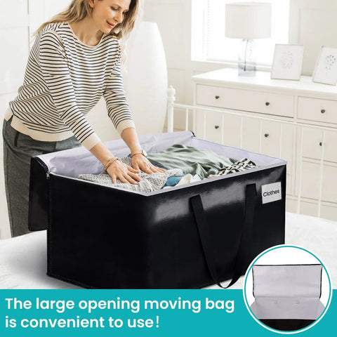 Woman using Extra Large Moving Bags With Zipper And Handles 93L Or 125L Storage Totes in black for home organization.
