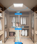 Battery Powered Motion Sensor LED Light With Remote, Magnetic Dimmable Closet Shower Light, Three Cool Color Modes, Wireless Indoor Lighting For Hallways, Pantry, Shed, Garage, Porch And Stairs installed in a closet with detection angles and range displayed.