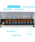 Close-up of terminal connections on 12V 30A 360W Universal Power Supply Adapter for CCTV Cams, PC Builds, and LED Strip Lights.